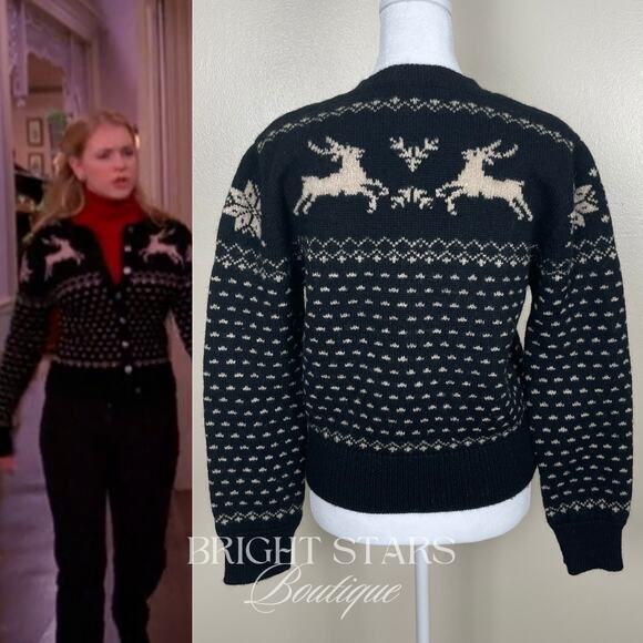 Rare Reindeer Cardigan ASO Sabrina The Teenage Witch Black Cream Vintage Holiday - Picture 2 of 10